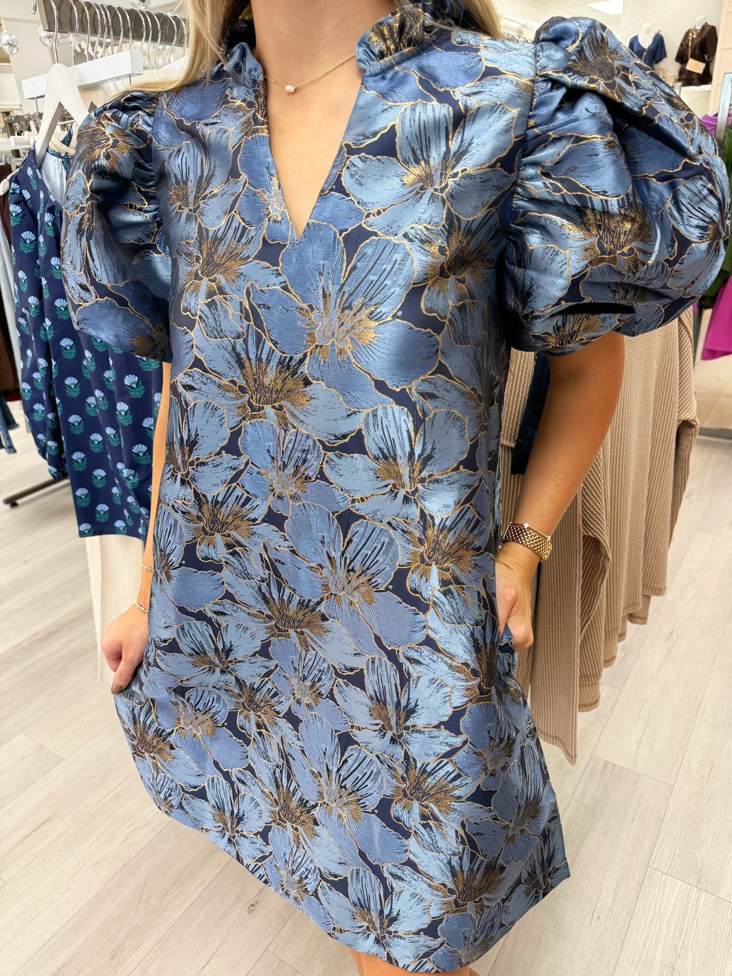 Ruffle V-neck Puff Sleeve Dress