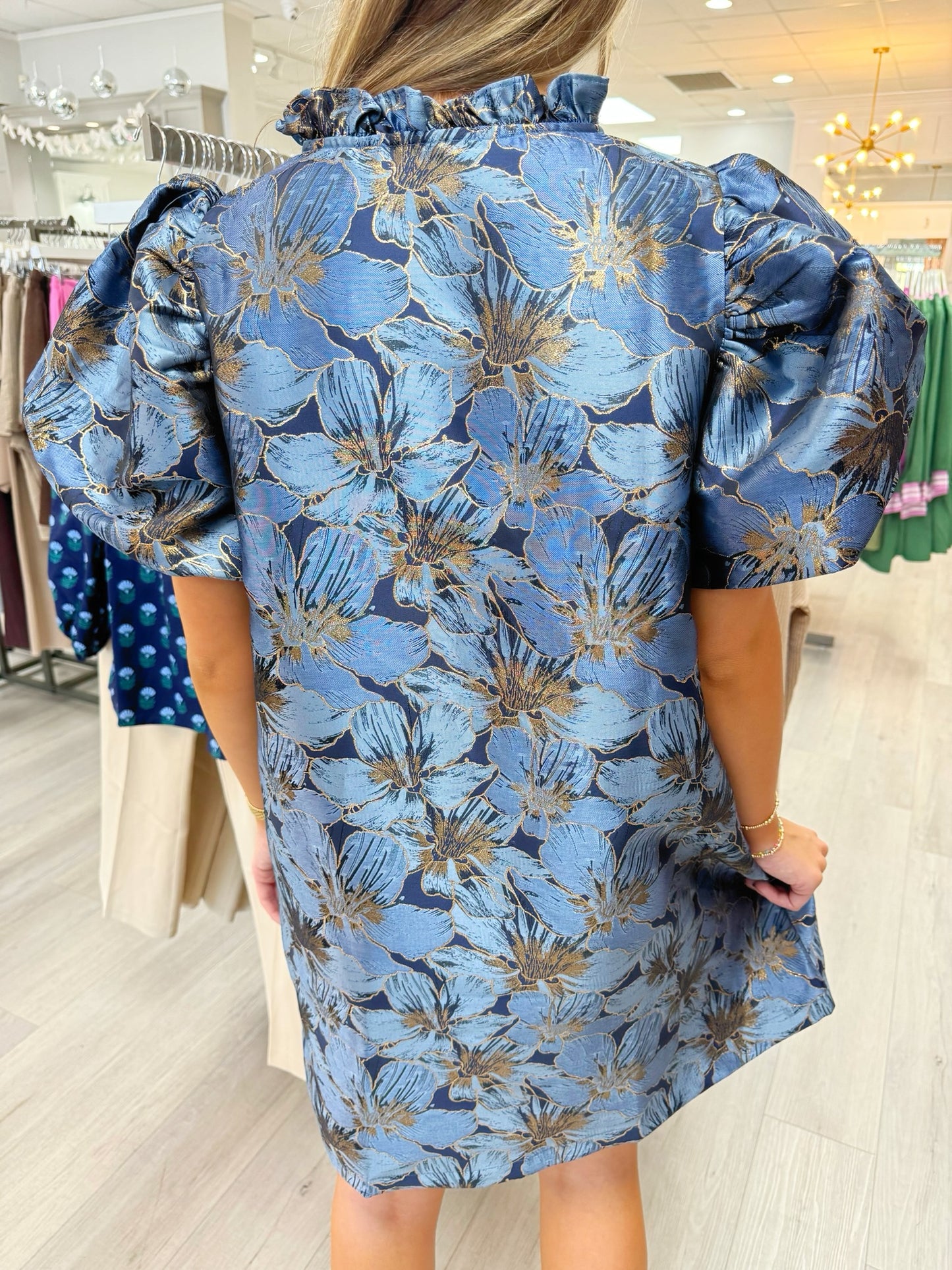 Ruffle V-neck Puff Sleeve Dress