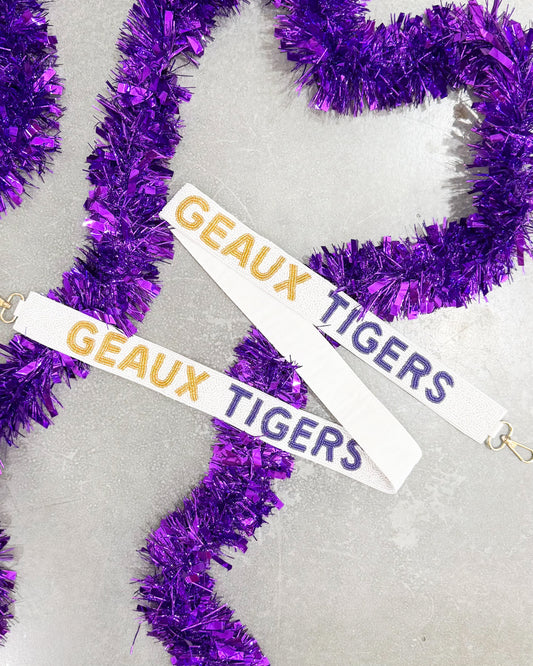 geaux tigers white beaded bag strap