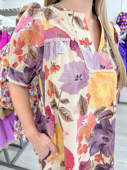 Puff Sleeve Scallop Accent Dress