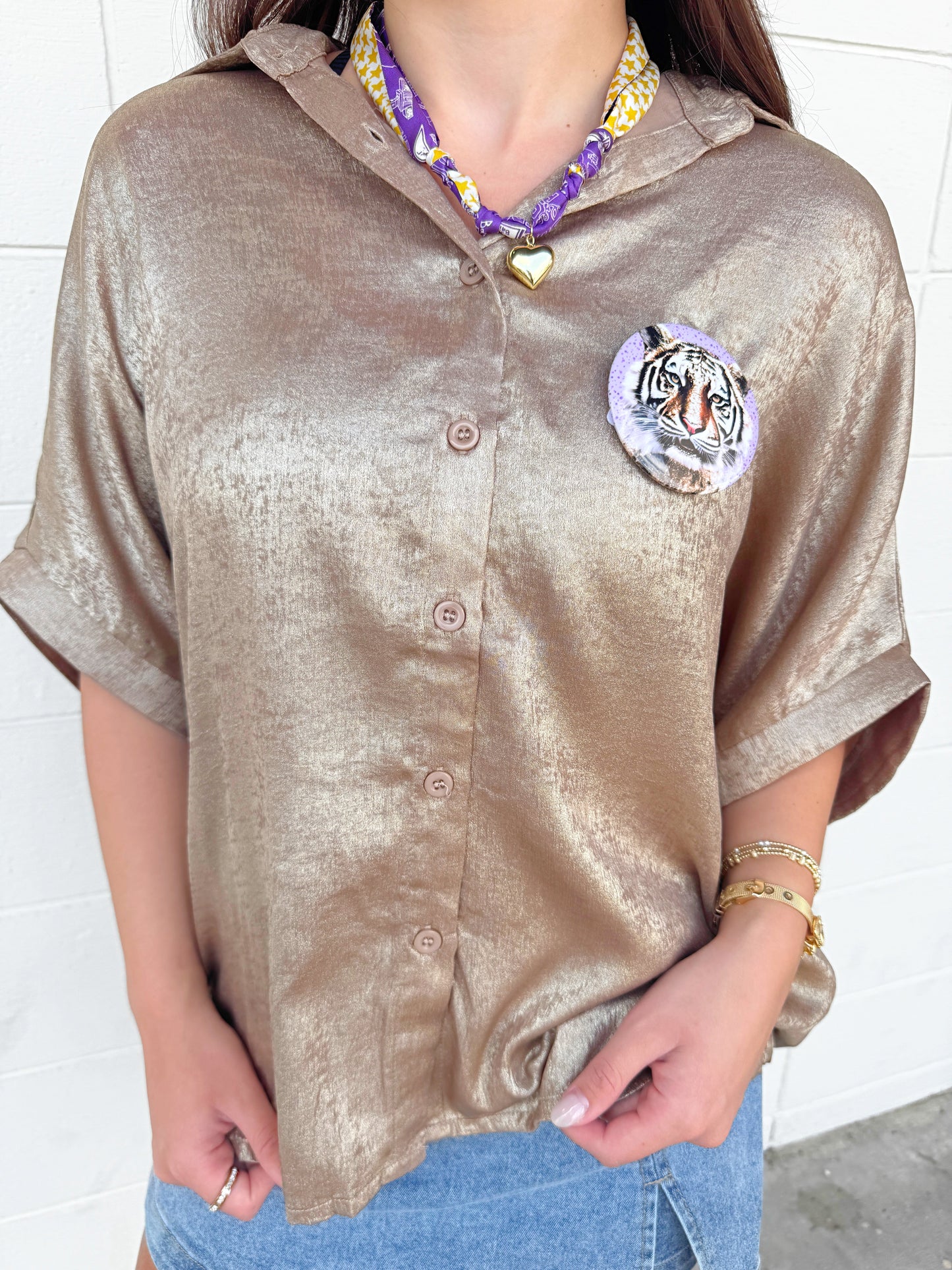 Shimmer Metallic Button Down Top