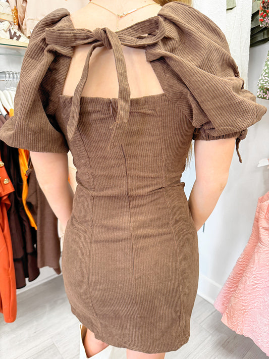 Corduroy Square Neck Puff Sleeve Dress