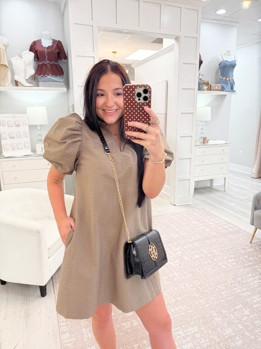 Ruffle V Neck Puff Sleeve Dress