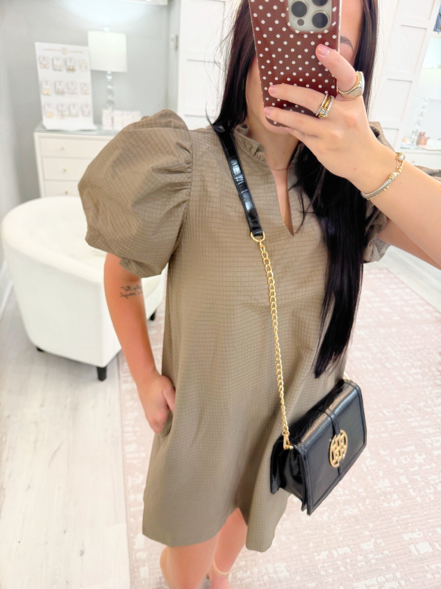 Ruffle V Neck Puff Sleeve Dress