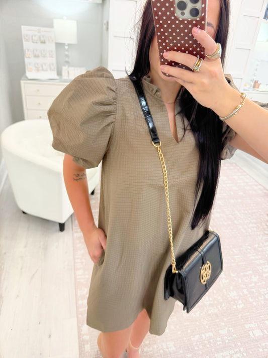 Ruffle V Neck Puff Sleeve Dress