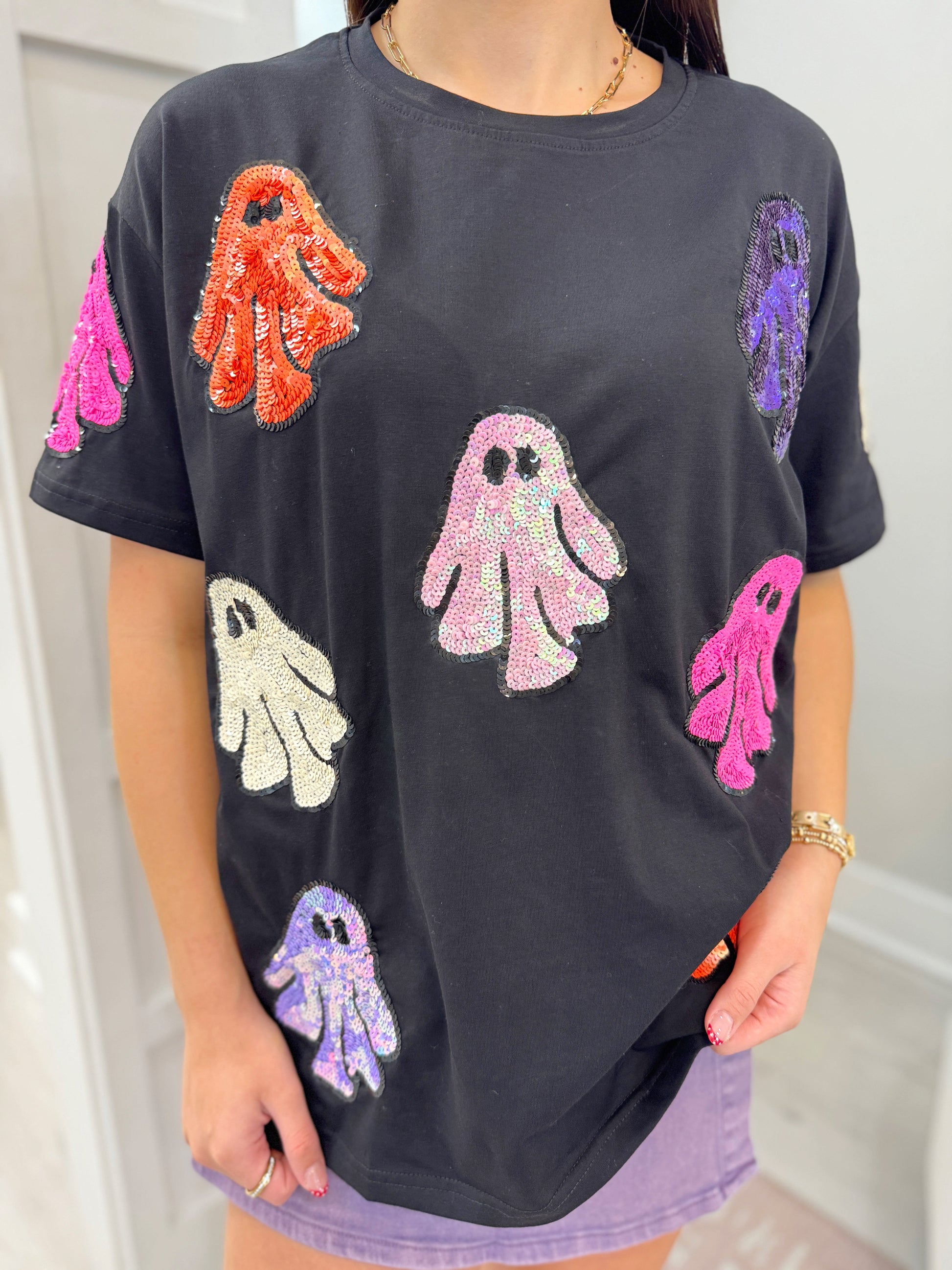 halloween tee, ghost tee, ghost top, halloween sequin top