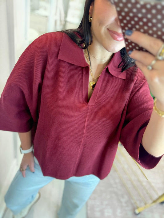 Oversized Sleeve V Neck Knit Top