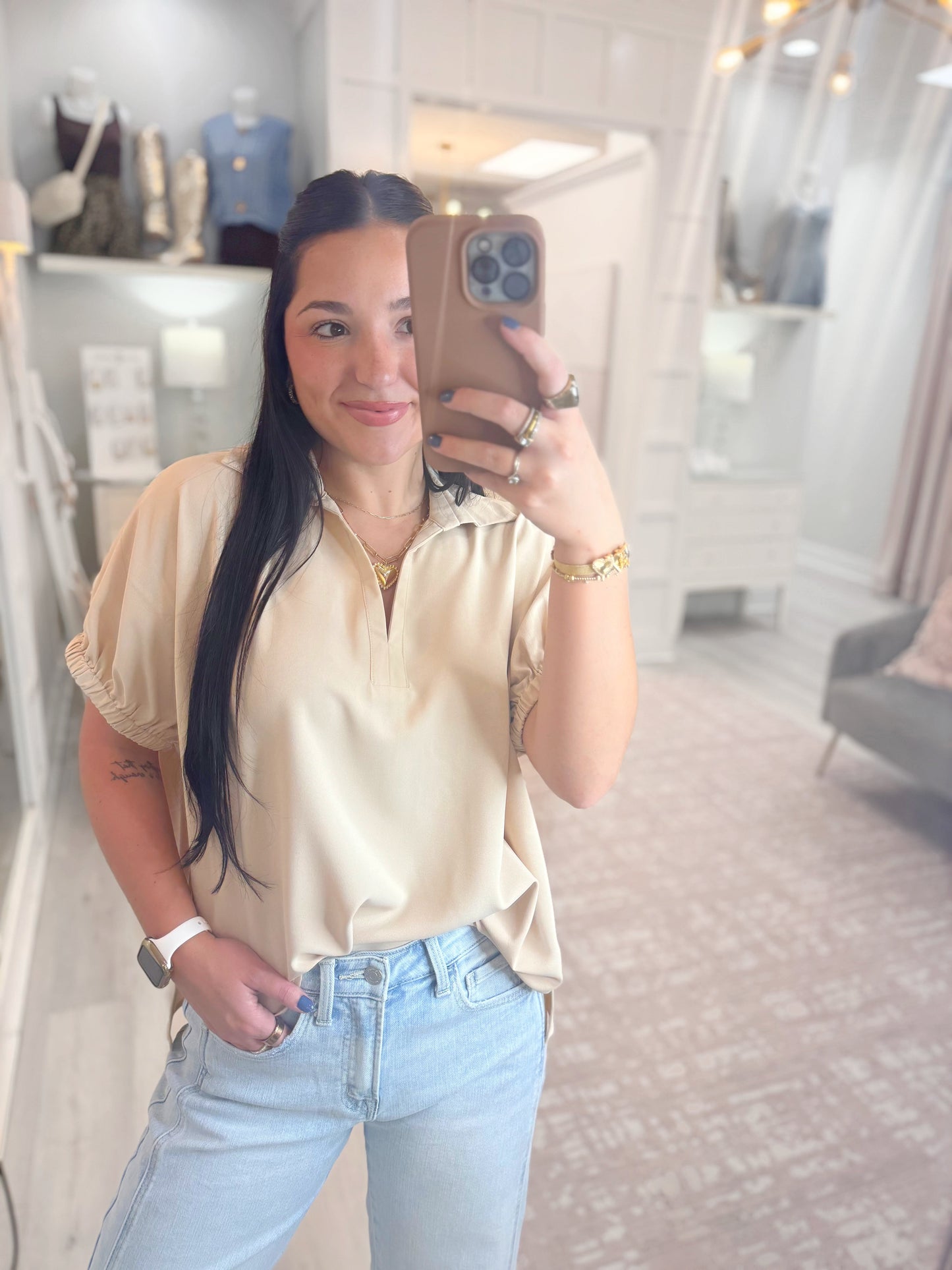 S/S Split Collar Top