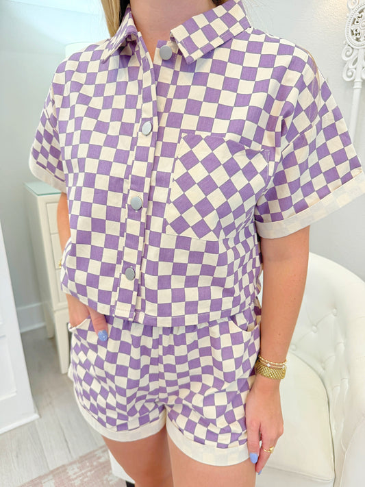 Checkered Denim Short Sleeve Top