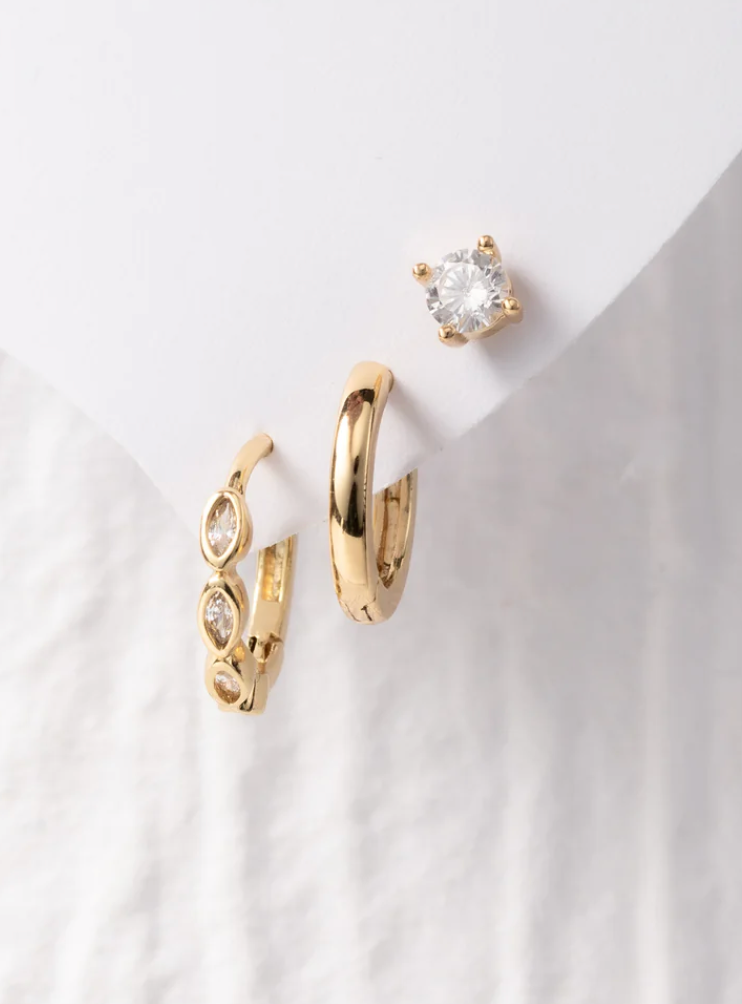 gold earrings set, gold hoop earrings, stoned hoop earrings triple hoop earring set, girly earring sets