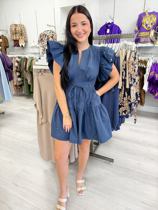 flutter sleeve dress, tiered dress, navy dress, olive dress, mini dress, woman's dress, sleeveless dress, v-neck dress, classy dress, boutique dress, strut and bolt dress