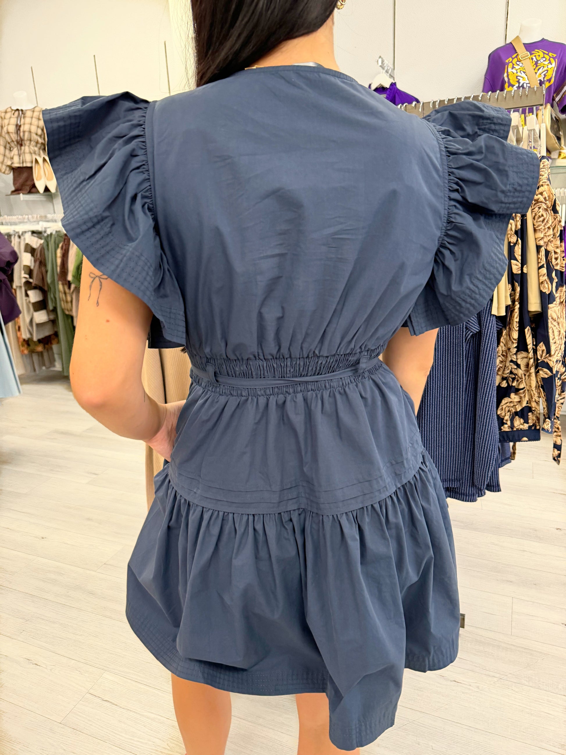 flutter sleeve dress, tiered dress, navy dress, olive dress, mini dress, woman's dress, sleeveless dress, v-neck dress, classy dress, boutique dress, strut and bolt dress