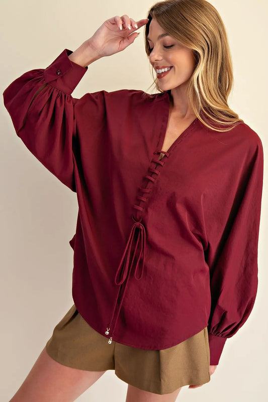 lace up top, v neck top, fall top, blouse, fall blouse, long sleeve blouse