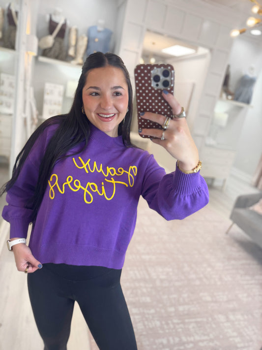 LSU sweater, game day sweater, long sleeve sweater, comfy sweater, embroidered sweater, geaux tigers sweater, purple sweater, purple long sleeve sweater, woman's sweater, long sleeve game day sweater
