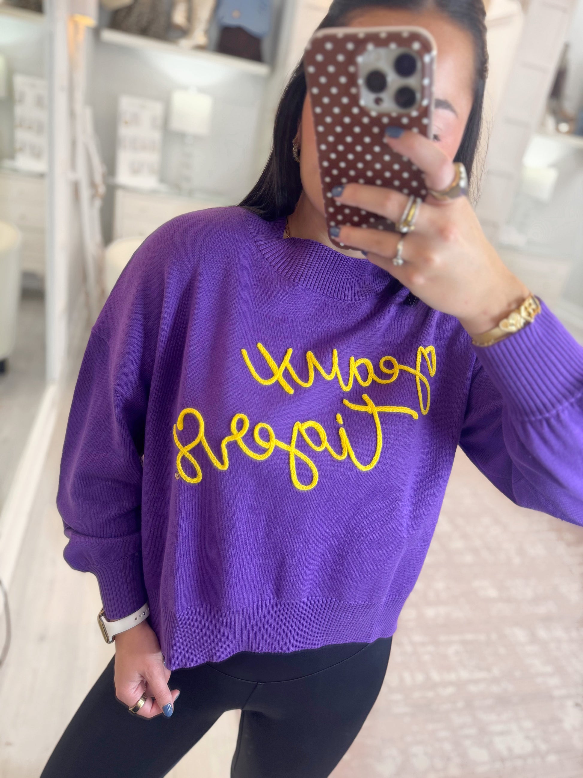 LSU sweater, game day sweater, long sleeve sweater, comfy sweater, embroidered sweater, geaux tigers sweater, purple sweater, purple long sleeve sweater, woman's sweater, long sleeve game day sweater