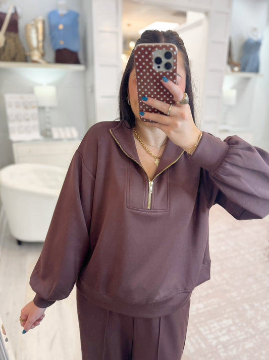 Womens pullover, half zip pullover, collared pullover, scuba pullover, matching top to wide leg pants, gold zipper, long sleeve pullover, scuba sets, womens long sleeve