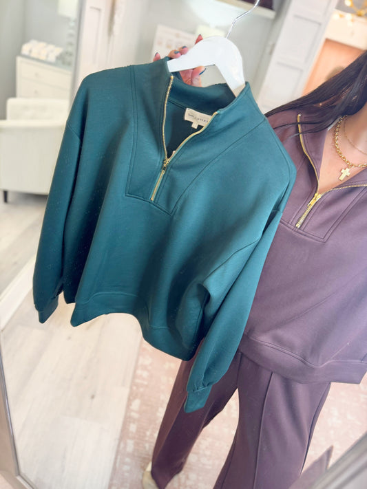 Womens pullover, half zip pullover, collared pullover, scuba pullover, matching top to wide leg pants, gold zipper, long sleeve pullover, scuba sets, womens long sleeve