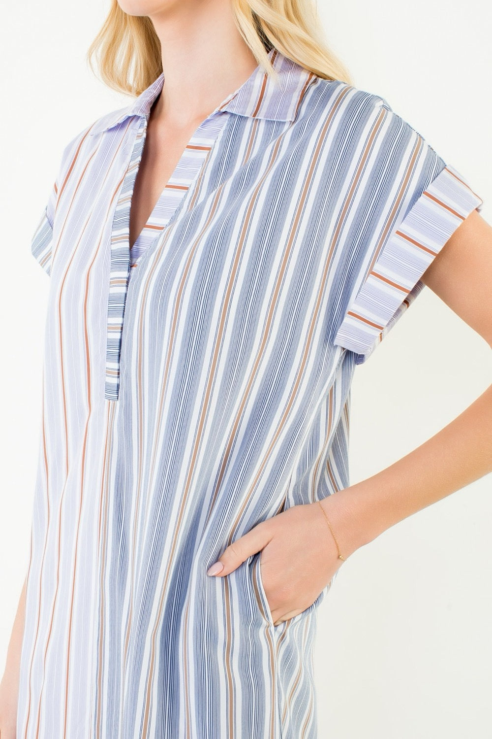 Collared Striped V-Neck Dress