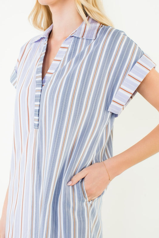 Collared Striped V-Neck Dress