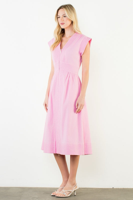 Pintuck Front Zip Midi Dress