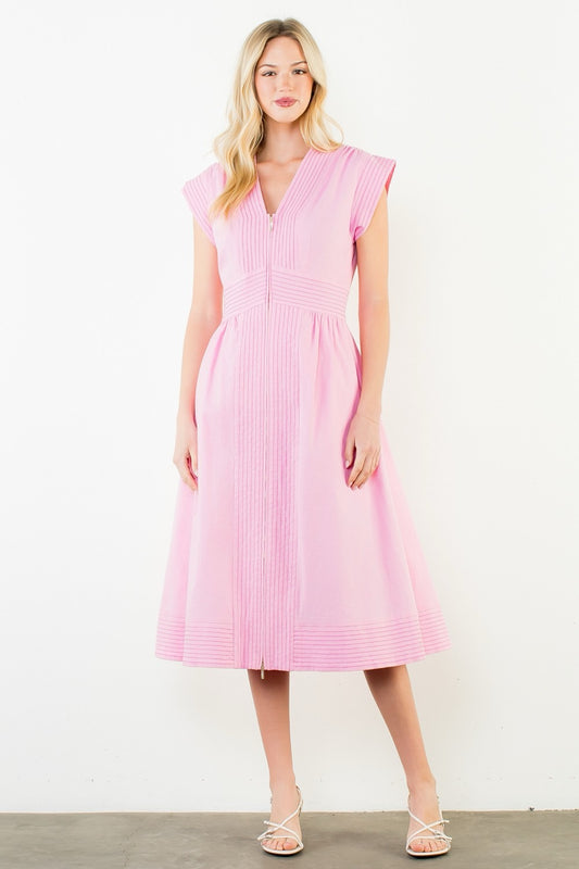 Pintuck Front Zip Midi Dress