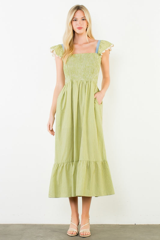 Smocked Tiered Striped Midi Dress