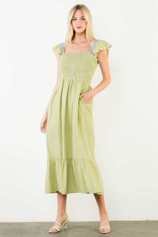 Smocked Tiered Striped Midi Dress