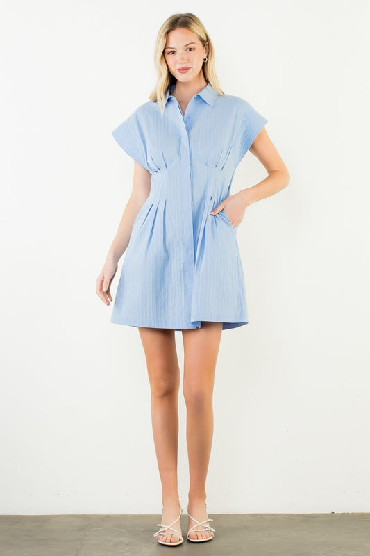 Pintuck Striped Button Down Dress