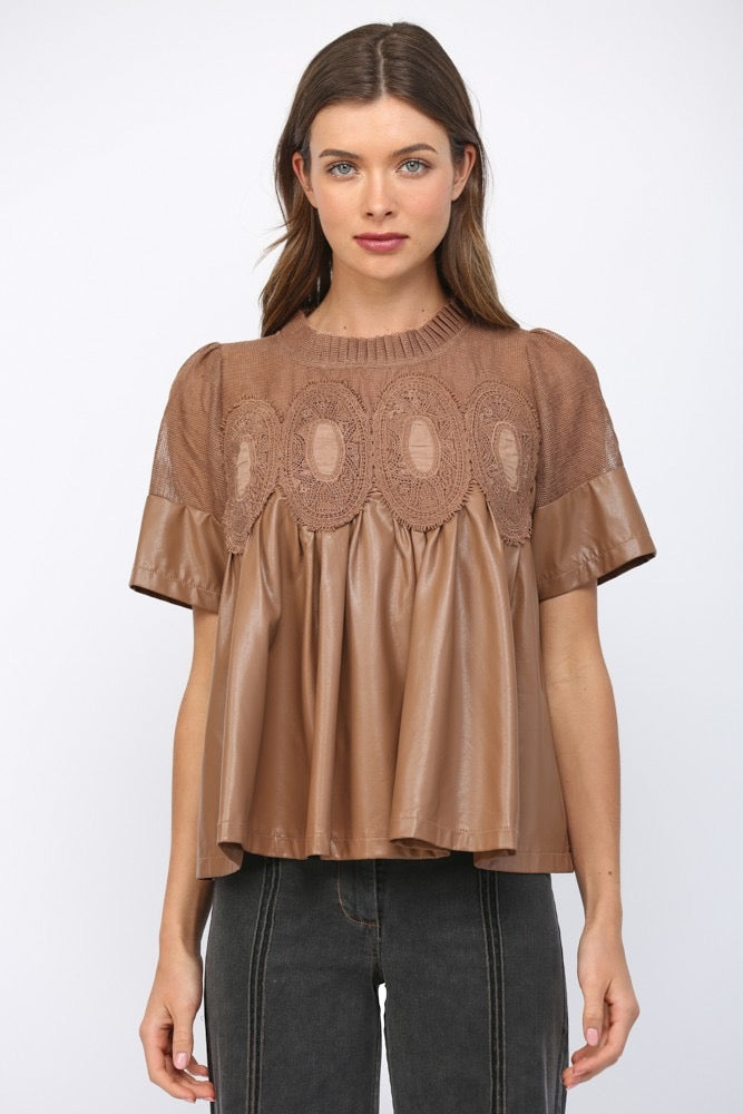 Lillian Lace Overlay Faux Leather Babydoll Top