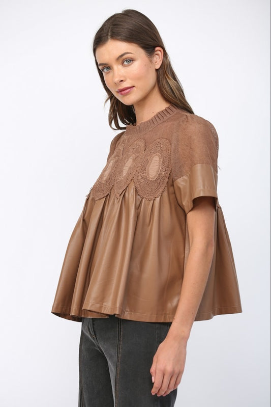 Lillian Lace Overlay Faux Leather Babydoll Top
