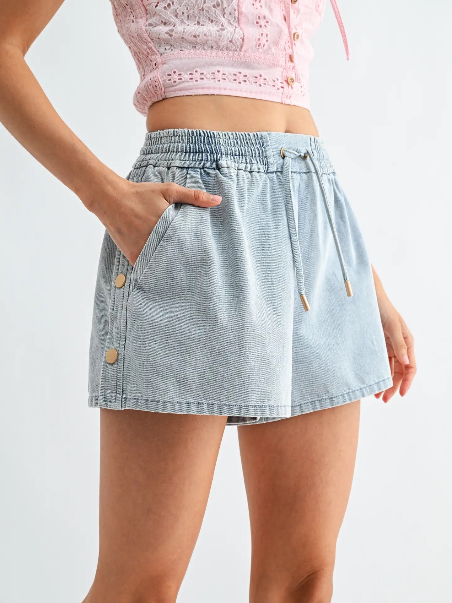 Meadow Side Button Denim Drawstring Shorts