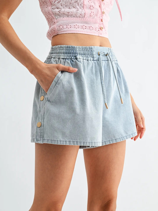 Meadow Side Button Denim Drawstring Shorts