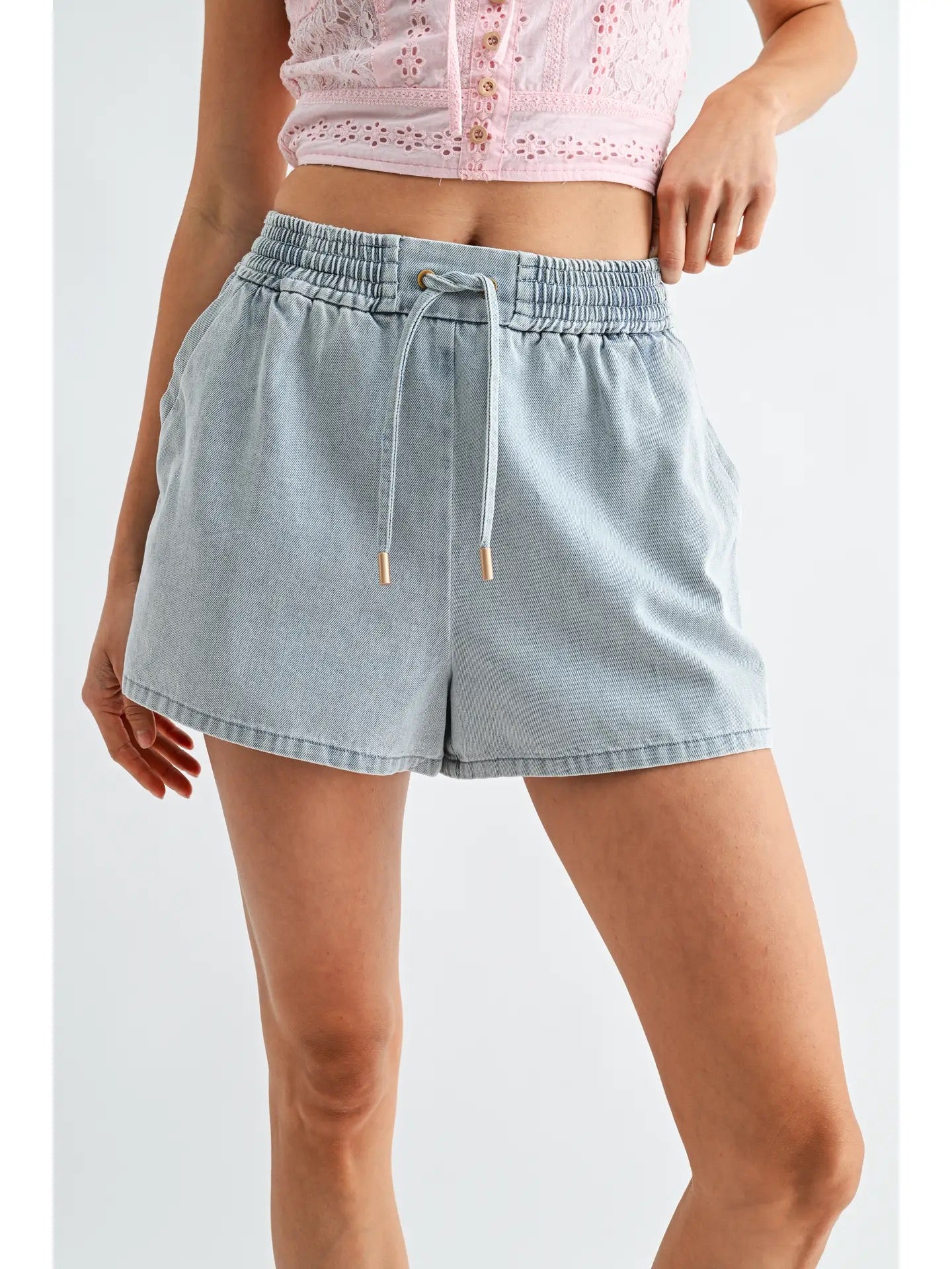 Meadow Side Button Denim Drawstring Shorts