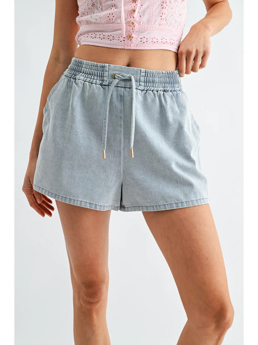 Meadow Side Button Denim Drawstring Shorts