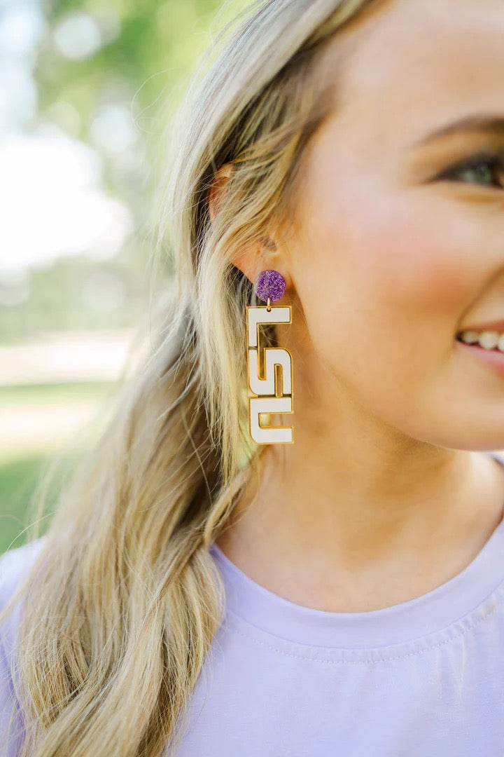 LSU White Acrylic Drop Earrings