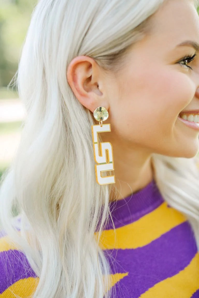 LSU White Acrylic Drop Earrings