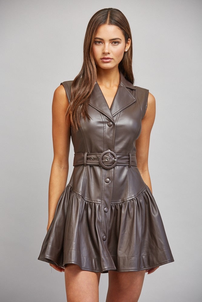 Maxine Faux Leather Belted Dress