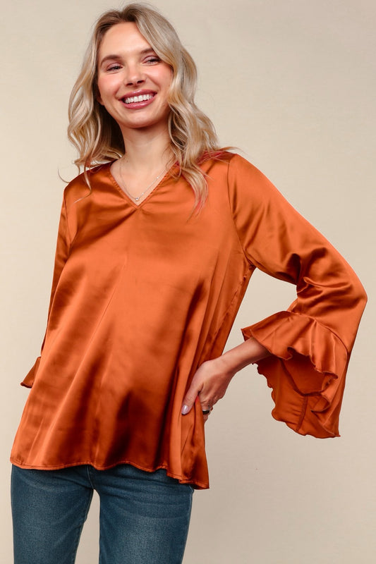 Satin Ruffle Sleeve Top