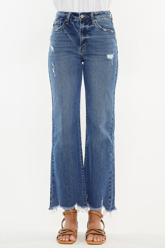 High Rise Slim Wide Leg Jeans With Distressed Hem