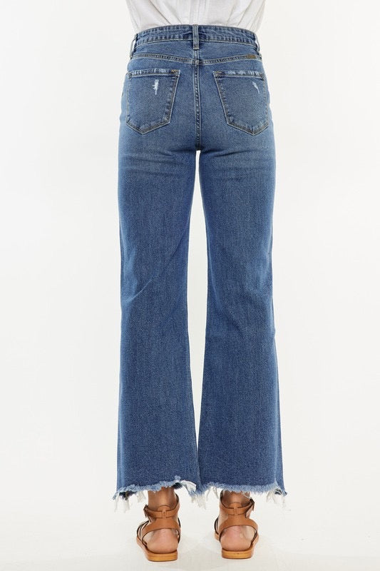 High Rise Slim Wide Leg Jeans With Distressed Hem