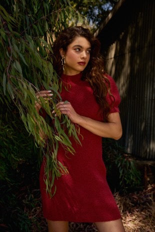 Mock Neck Puff Sleeve Sweater Dress