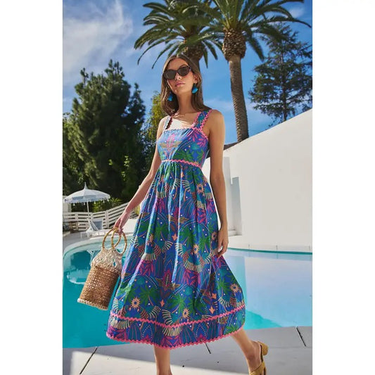 Rulley Tropical Pleated Midi Dress