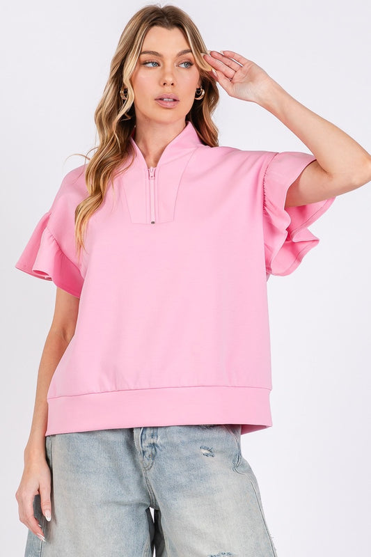 Scuba Half Zip Ruffle Sleeve Top