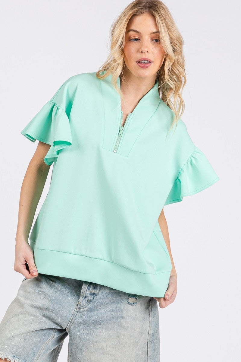 Scuba Half Zip Ruffle Sleeve Top