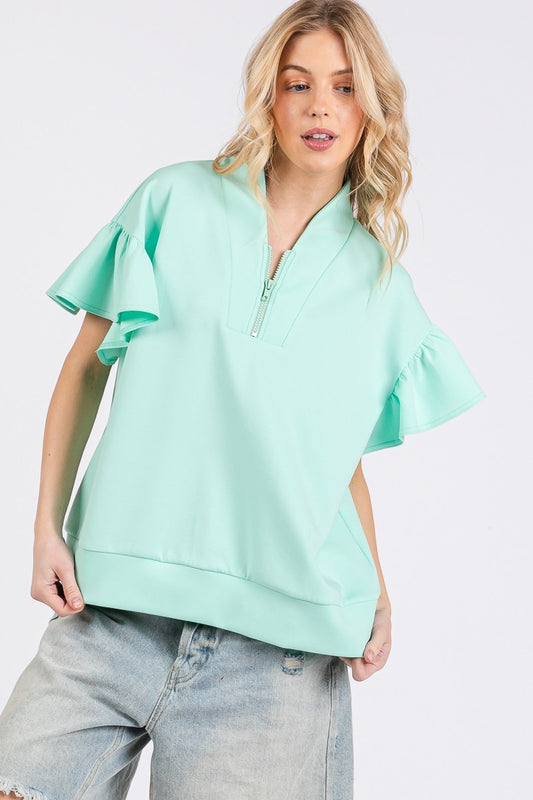 Scuba Half Zip Ruffle Sleeve Top