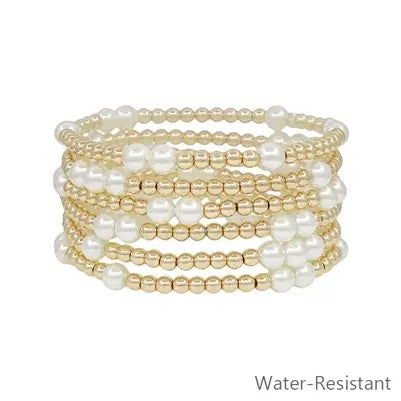 Gold Beaded & Pearl Water Resistant Stretch Bracelet