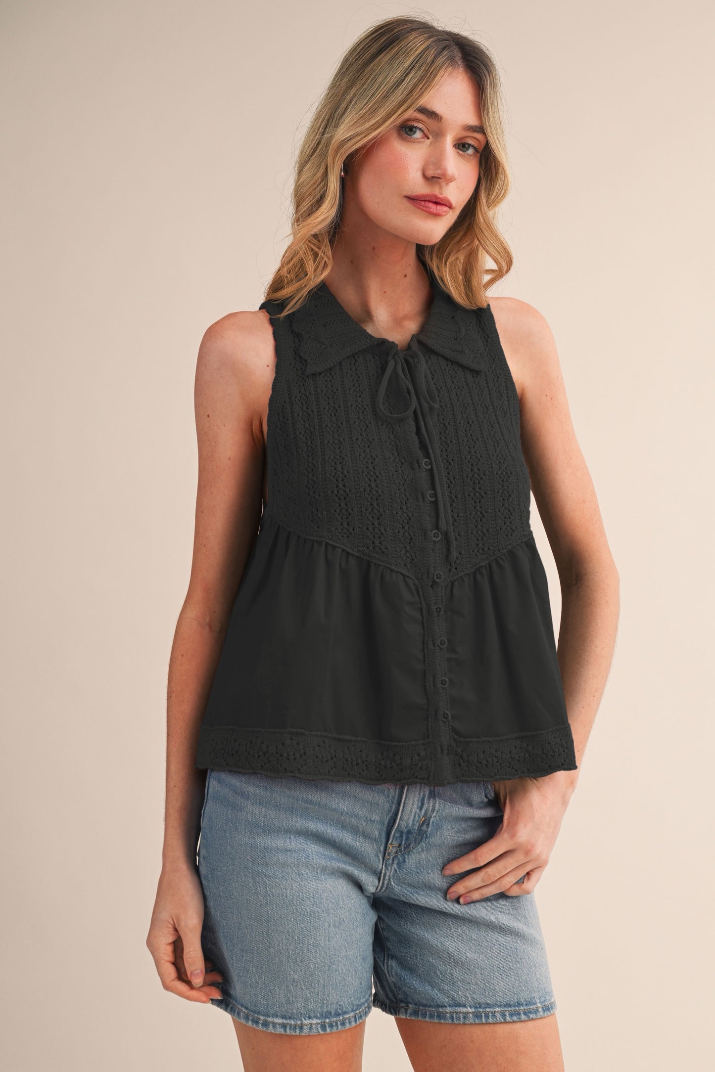Lennon Collared Mixed Media Sleeveless Top