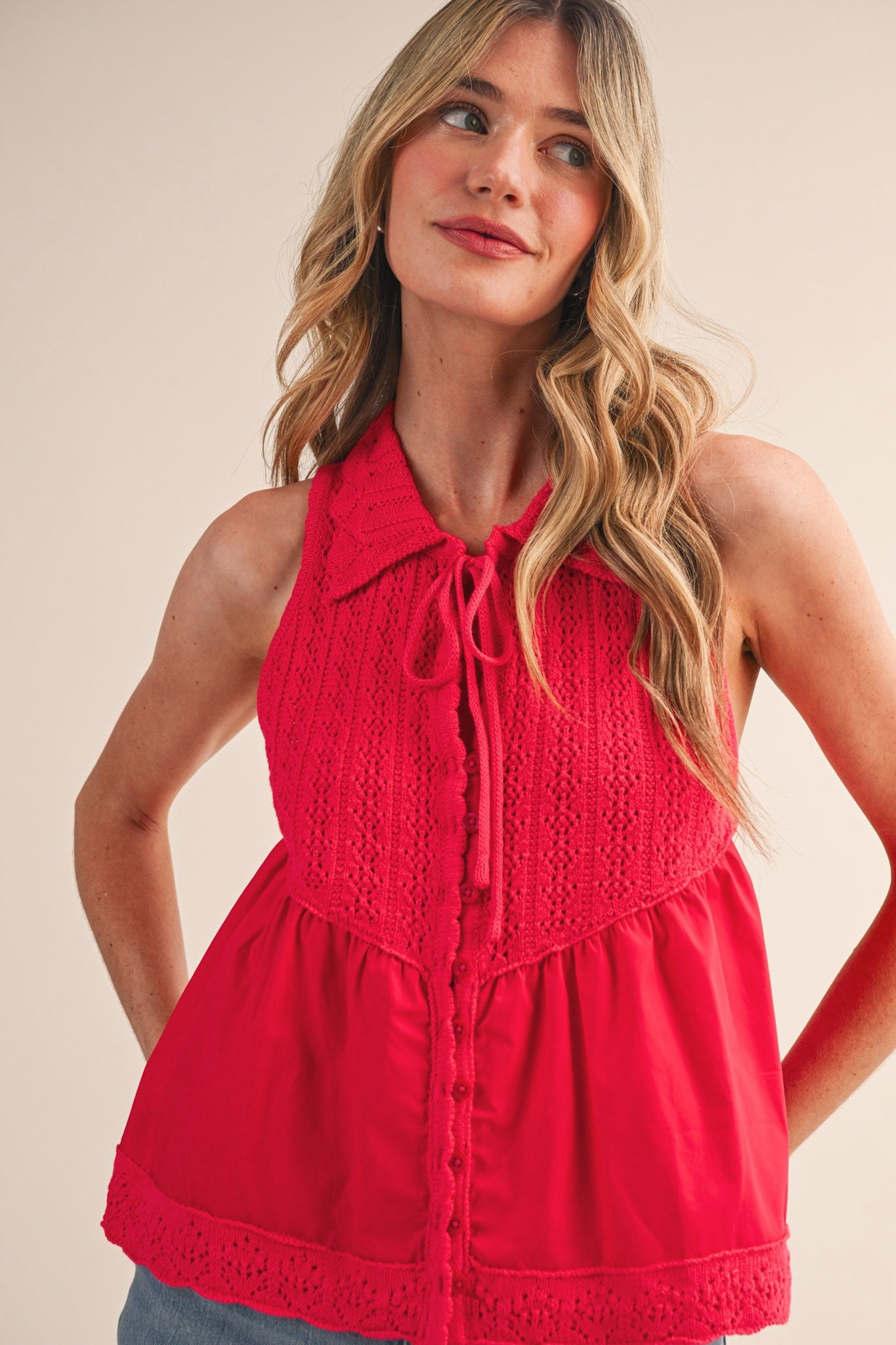 Lennon Collared Mixed Media Sleeveless Top