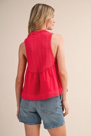 Lennon Collared Mixed Media Sleeveless Top