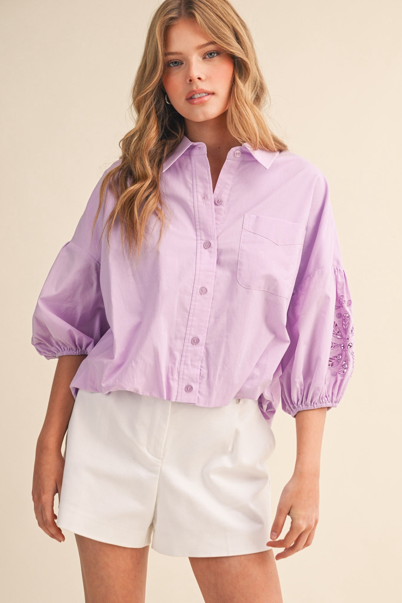 Milani Embroidered Cut Out Bubble Sleeve Blouse